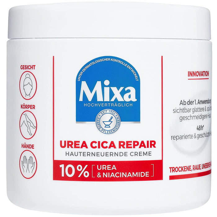 Mixa Hauterneuernde Creme für trockene und rissige Haut, Feuchtigkeitspflege für den Körper, Hände und Gesicht, Mit Urea und Niacinamide, Urea Cica Repair, 1 x 400 ml