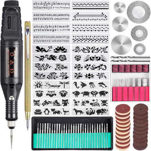 108 Pcs Gravierwerkzeugsatz, Multifunktionaler Gravurstift DIY Drehwerkzeug für Schmuck Glas Holz Metall mit Anreißer, 82 Zubehör und 24 Schablonen