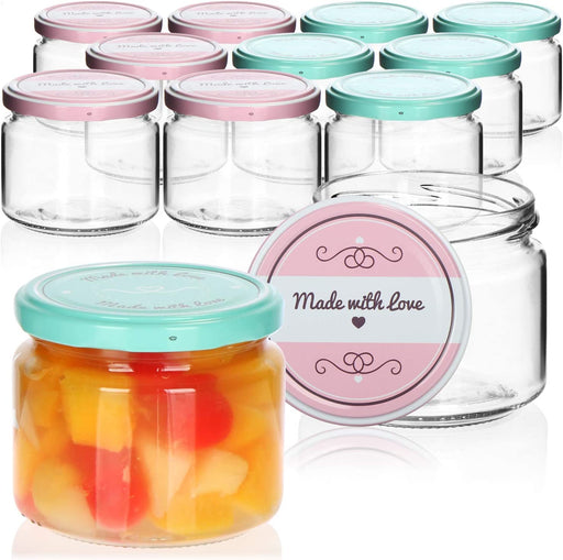 12x Einmachgläser mit Schraub-Deckel "Made with love" in grün und rosa - TO Ø 82 mm - bis zu ca. 330 ml