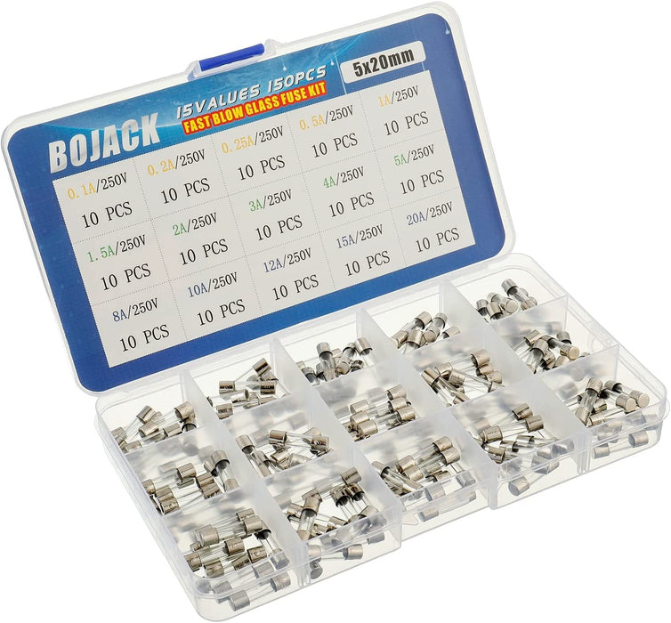 15 Values 150pcs Schnellschlag Glassicherungen Sortiment Set 5x20mm Sicherung 250V Sicherungen 0,1 0,2 0,25 0,5 1 1,5 2 3 4 5 8 10 12 15 20A