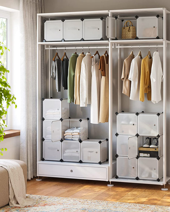 16 Würfel DIY Regalsystem Kleiderschrank aus Kunststoff mit Türen in modischem Weiß stabil und einfach zu montieren, Steckregal