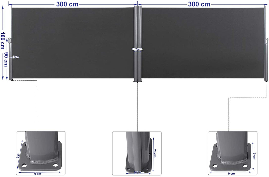 180 x 600 cm (H x L), Doppelseitenmarkise ausziehbar, Sichtschutz, Sonnenschutz, TÜV SÜD GS Zertifiziert, verdickter Polyester 280 g/㎡, rauchGrau