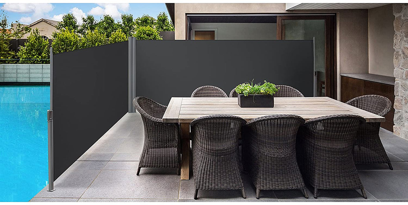 180 x 600 cm (H x L), Doppelseitenmarkise ausziehbar, Sichtschutz, Sonnenschutz, TÜV SÜD GS Zertifiziert, verdickter Polyester 280 g/㎡, rauchGrau