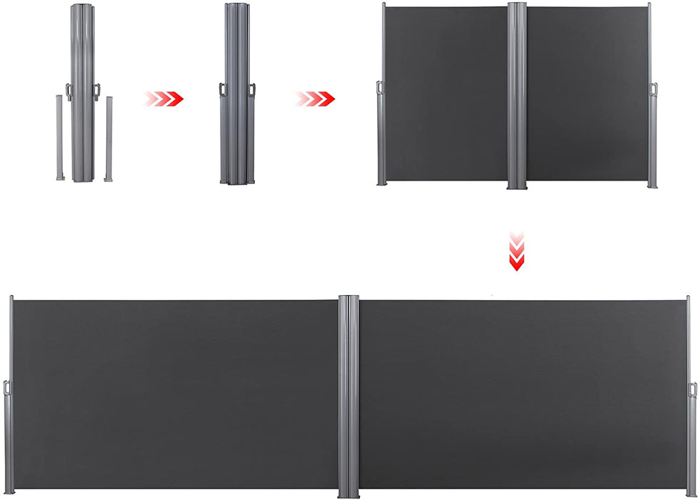 180 x 600 cm (H x L), Doppelseitenmarkise ausziehbar, Sichtschutz, Sonnenschutz, TÜV SÜD GS Zertifiziert, verdickter Polyester 280 g/㎡, rauchGrau