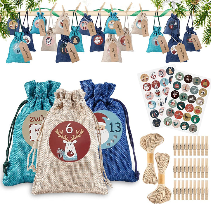 24 Adventskalender Zum Befüllen,Jutesäckchen Adventskalender 2022 Für Männer Frauen Kinder,Weihnachten Geschenktüten Mit 48 Adventszahlen Aufkleber,DIY Stoffbeutel Weihnachtskalender Tüten