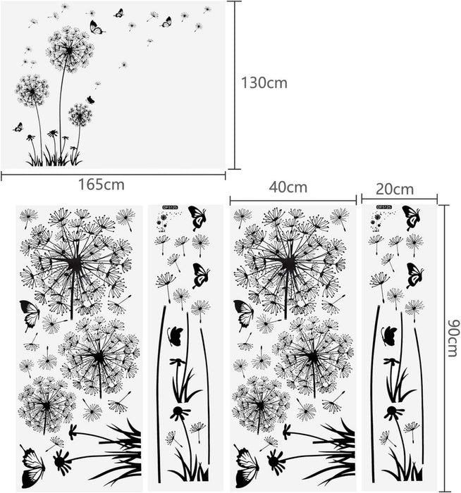 2 Stück Schwarz Wandtattoo Pusteblumen für Wanddeko,XXL Groß Löwenzahn Blumen Pflanzen Wandsticker Wandaufkleber Kleben Aufkleber Wandbilder für Wohnzimmer Schlafzimmer Vorraum Flur Fenster 165X130cm