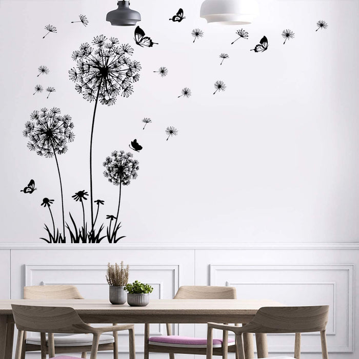 2 Stück Schwarz Wandtattoo Pusteblumen für Wanddeko,XXL Groß Löwenzahn Blumen Pflanzen Wandsticker Wandaufkleber Kleben Aufkleber Wandbilder für Wohnzimmer Schlafzimmer Vorraum Flur Fenster 165X130cm