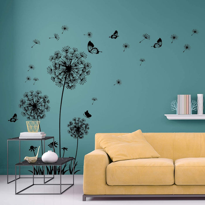 2 Stück Schwarz Wandtattoo Pusteblumen für Wanddeko,XXL Groß Löwenzahn Blumen Pflanzen Wandsticker Wandaufkleber Kleben Aufkleber Wandbilder für Wohnzimmer Schlafzimmer Vorraum Flur Fenster 165X130cm