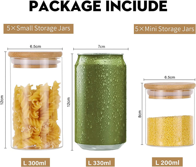 200ML + 300ML Vorratsdosen Glas 10er Set, Versiegeltes Gewurzglas aus Glas mit Bambusdeckel, Kuche Glasbehalter Glasdose, MEHRWEG