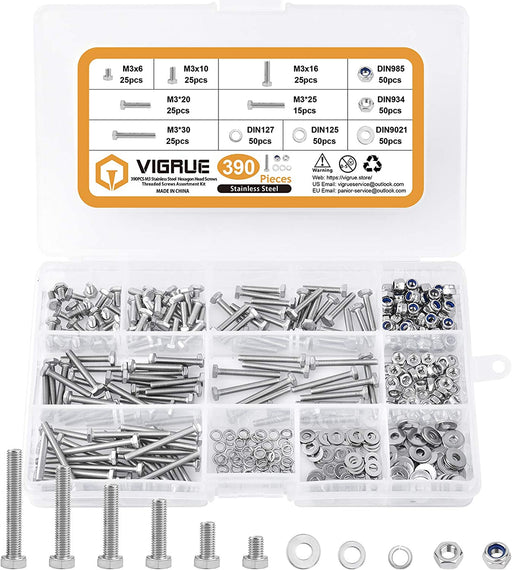 390PCS M3 Sechskantschrauben DIN 933 Sechskantschraube mit Gewinde bis Kopf A2-70 Edelstahl schrauben Set Maschinenschrauben muttern