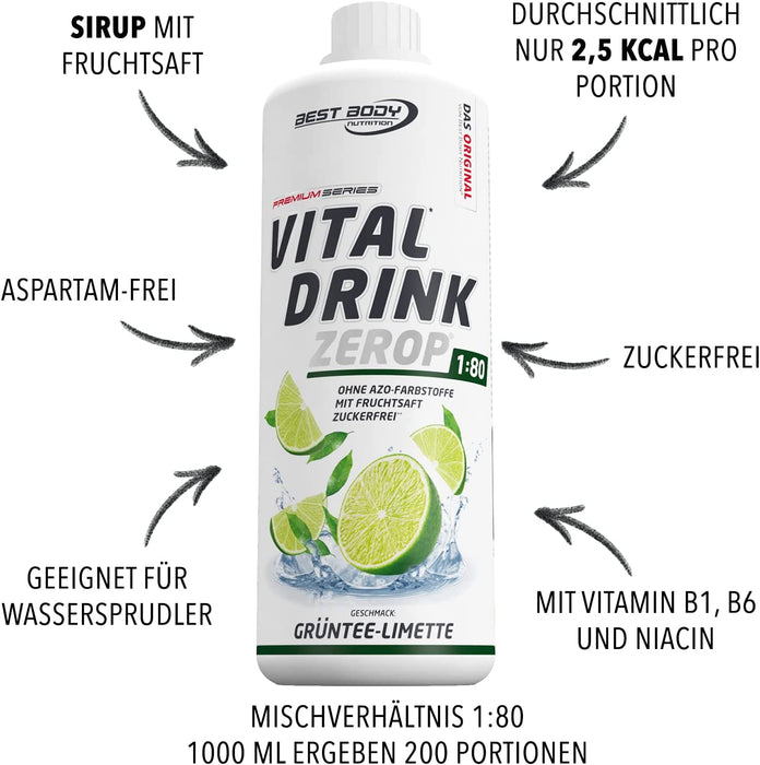 Best Body Nutrition Vital Drink ZEROP - Grüntee-Limette, Original Getränkekonzentrat - Sirup - zuckerfrei, 1:80 ergibt 80 Liter Fertiggetränk,