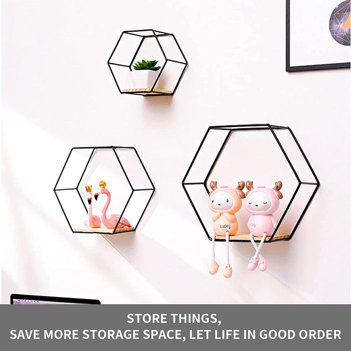3er-Set Hexagon Wandregal Hängeregal, Metall und Holz Schweberegal Wandaufbewahrung Organizer für Küchenregal, Badezimmer, Schlafzimmer