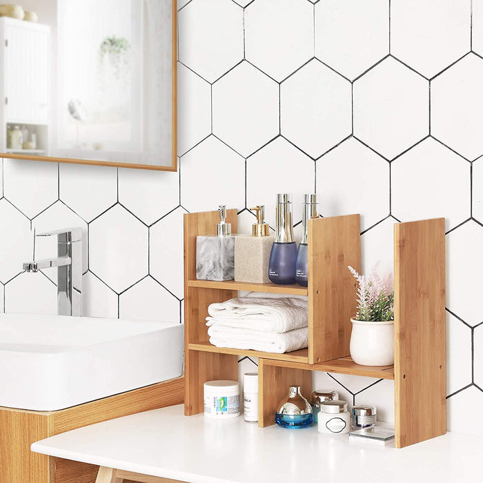 3 verstellbarer Ablagesystem Tisch-Organizer, platzsparendes DIY-Tischregal, kleines Bücherregal, Büro, Küche, Bad, Naturbambus