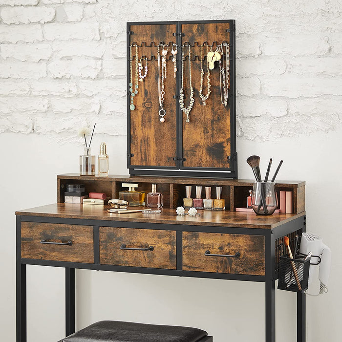 Schminktisch mit gepolstertem Hocker, Frisiertisch mit dreifachem Spiegel, 3 Schubladen, Haartrocknerhalter, Kosmetiktisch, moderner Stil, vintagebraun-schwarz