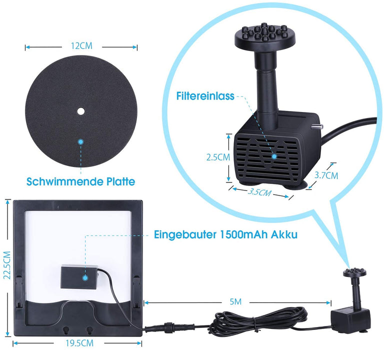 6.5W Solar Springbrunnen Eingebaute1500 mAh Batterie Upgraded Solar Teichpumpe Wasserpumpe Solar Schwimmender Fontäne Pumpe mit 6 Fontänenstile 