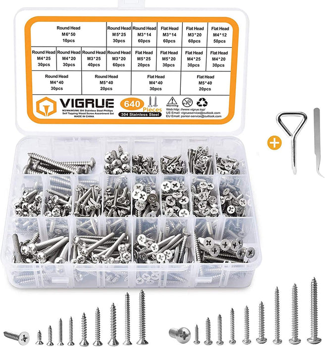 640PCS M3 M4 M5 Bohrschrauben Schnellbauschrauben 304 Edelstahl A2-70 Schrauben Set Flachkopf Blechschrauben Kreuzschlitzschrauben