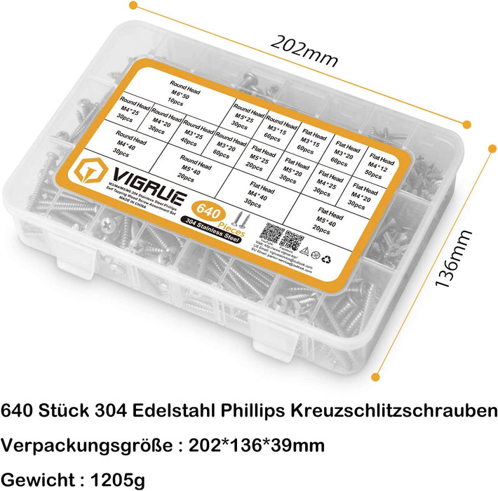 640PCS M3 M4 M5 Bohrschrauben Schnellbauschrauben 304 Edelstahl A2-70 Schrauben Set Flachkopf Blechschrauben Kreuzschlitzschrauben