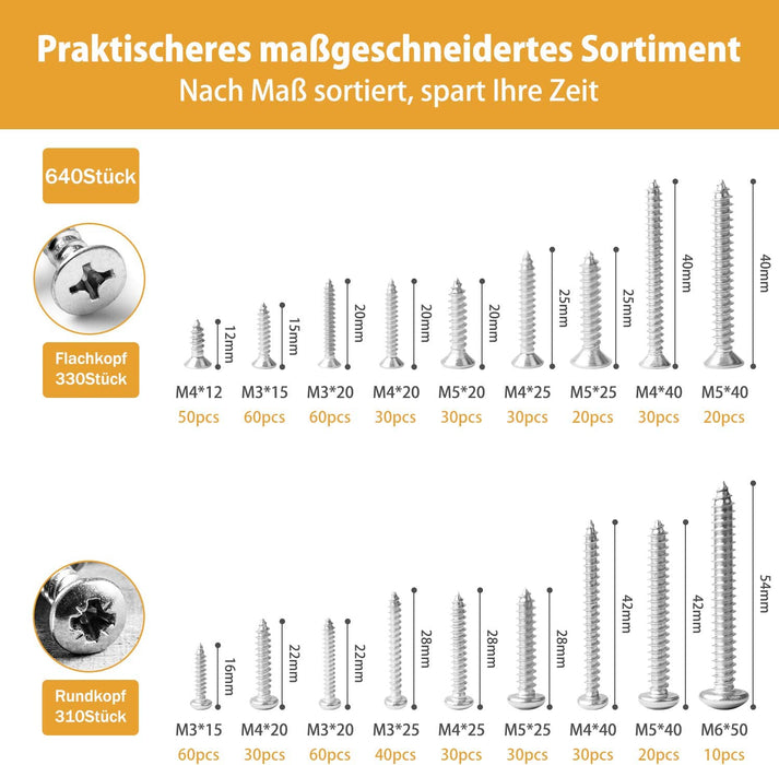 640PCS M3 M4 M5 Bohrschrauben Schnellbauschrauben 304 Edelstahl A2-70 Schrauben Set Flachkopf Blechschrauben Kreuzschlitzschrauben