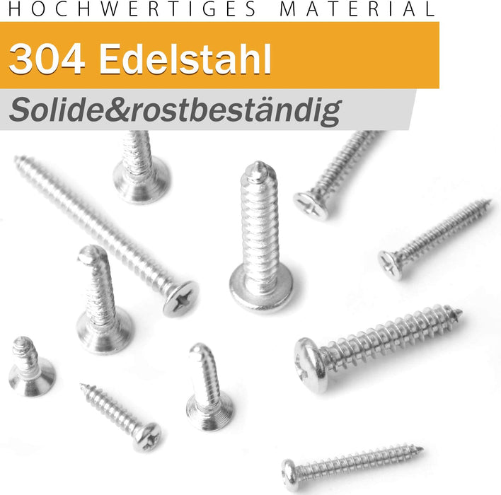 640PCS M3 M4 M5 Bohrschrauben Schnellbauschrauben 304 Edelstahl A2-70 Schrauben Set Flachkopf Blechschrauben Kreuzschlitzschrauben