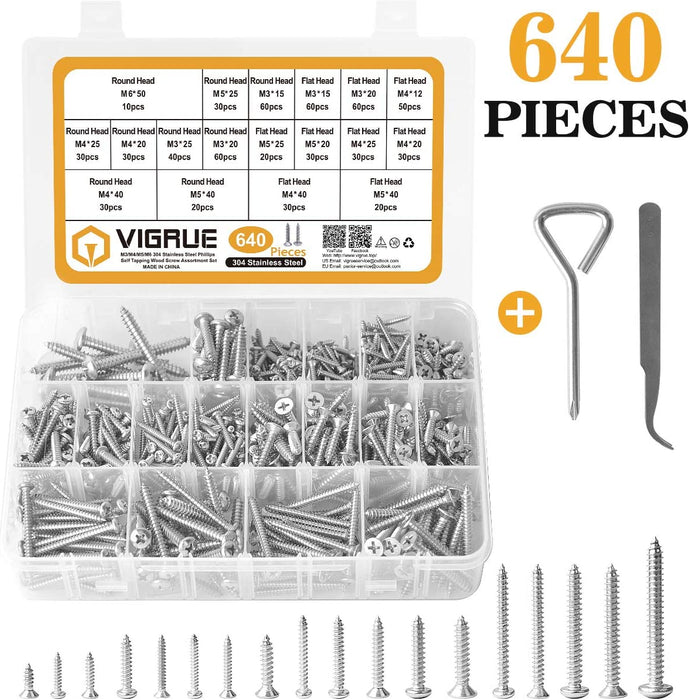 640PCS M3 M4 M5 Bohrschrauben Schnellbauschrauben 304 Edelstahl A2-70 Schrauben Set Flachkopf Blechschrauben Kreuzschlitzschrauben