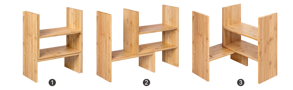 3 verstellbarer Ablagesystem Tisch-Organizer, platzsparendes DIY-Tischregal, kleines Bücherregal, Büro, Küche, Bad, Naturbambus