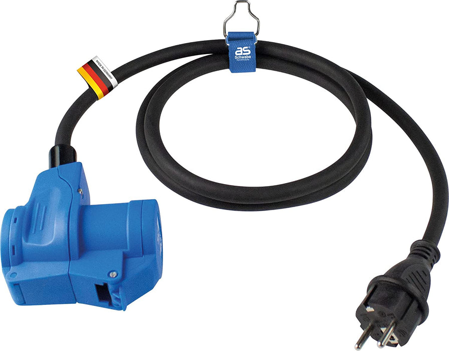 Camping CEE-Adapterleitung Caravan, 230V/16A CEE-Stecker & Schutzkontaktkupplung – IP44 Kfz-Zubehör – 3-polige 1,5m Leitung Schutzkontakt Stecker – Made in Germany – Schwarz/Blau