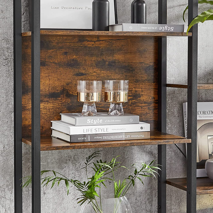 Bücherregal, Leiterregal, 14 Ablagen, Metallgestell, für Wohnzimmer, Arbeitszimmer, Büro, Industrie-Design, 158 x 24 x 166 cm, vintagebraun-schwarz