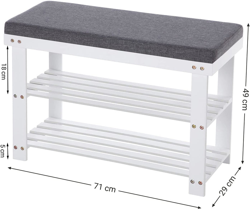 Schuhbank aus Bambus, Schuhregal mit 2 Regalebenen, Sitzbank, für Flur, Wohnzimmer, Sitzfläche bis 150 kg belastbar, 71 x 29 x 49 cm, weiß-grau