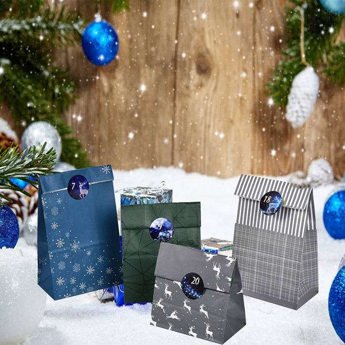 Adventskalender zum Befüllen, 24 Weihnachtskalender Geschenk Papiertüten Groß zum Selber Befüllen, Kraftpapiertüten Advents Tüten Selbstbefüllen mit Aufkleber für Kinder Junge und Männer