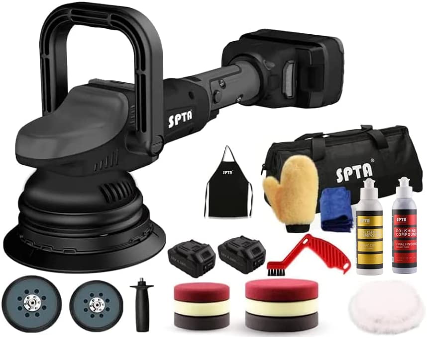 Akku Exzenter Poliermaschine, SPTA 18V Polierer Akku-Polier- Akku-Exzenterpolierer mit Variable Geschwindigkeit, mit 125mm Polierschwamm Polierteller
