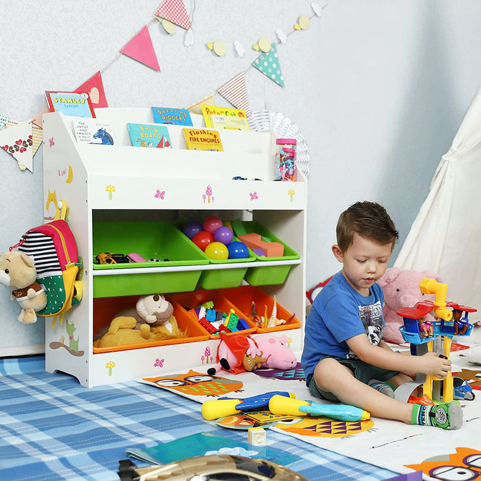 Aufbewahrungsschrank für Kinder, 3-stöckiges Bücherregal und 6 herausnehmbare Behälter für Kinderzimmer, Kindergarten, Mehrfarbig, weiß