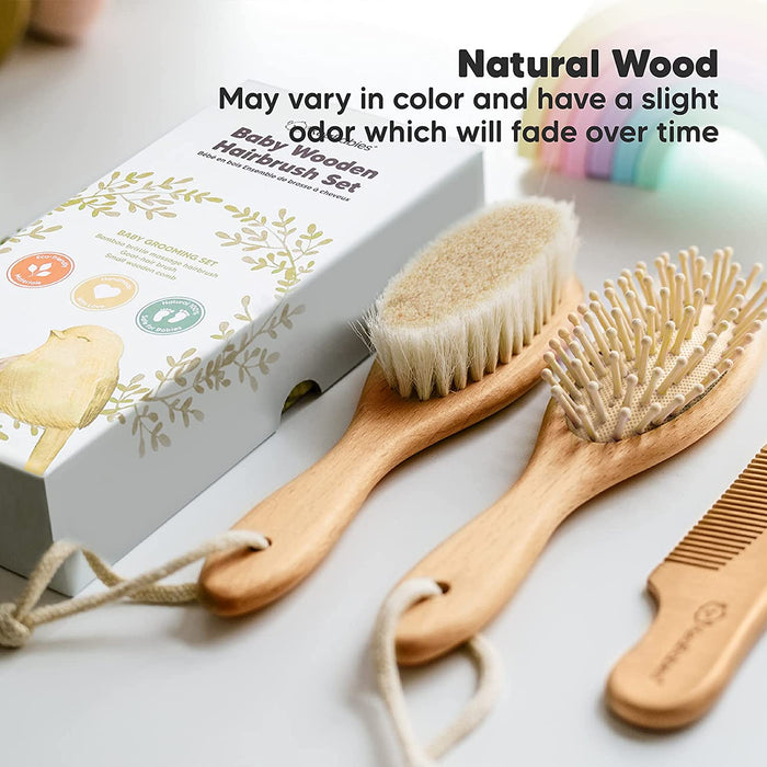 Baby Haarbürste und Baby Kamm Set - Natürliche Holz Babyhaar Haarbürste mit weichen Ziegenborsten - Baby Bürste 0-6 monate