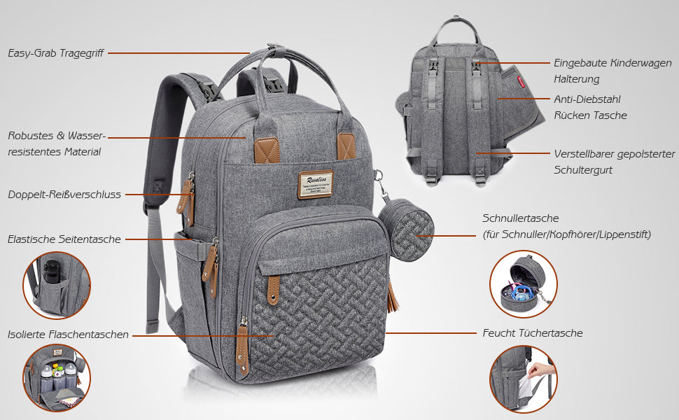 Baby Wickelrucksack Wickeltasche Rucksack mit tragbarer Wickelauflage, Schnullerhalter und Kinderwagengurten, Babytasche Multifunktional 