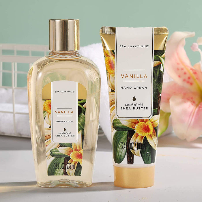 Bade Geschenkset für Frauen SPA LUXETIQUE 10 tlg. Set Vanilla Duft - Handcreme, Duschgel, Schaumbad, Bodylotion, Badesalz, Badeschwamm 