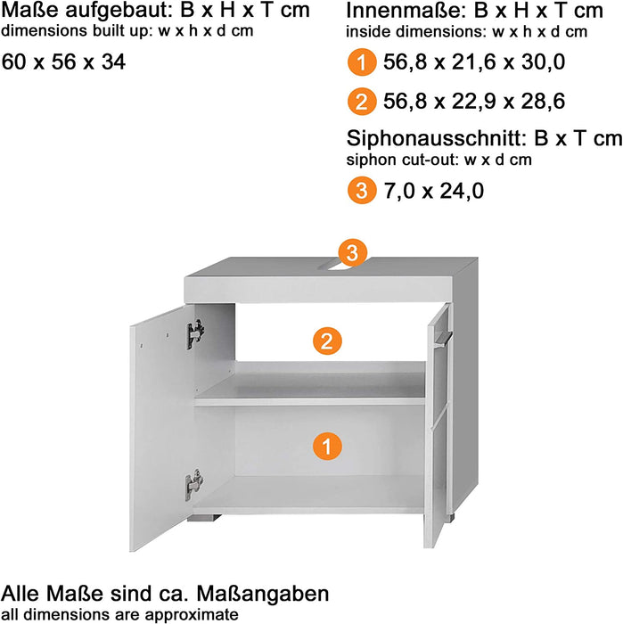 Badezimmer Waschbeckenunterschrank Unterschrank Amanda, 60 x 56 x 34 cm in Weiß / Weiß Hochglanz mit viel Stauraum