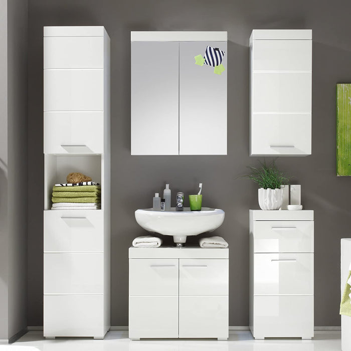 Badezimmer Waschbeckenunterschrank Unterschrank Amanda, 60 x 56 x 34 cm in Weiß / Weiß Hochglanz mit viel Stauraum