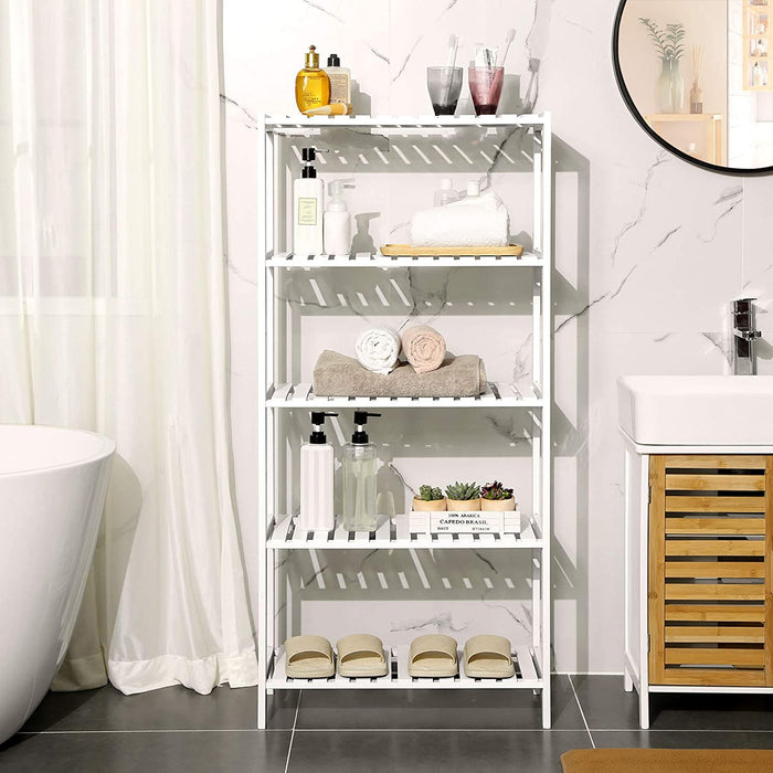 Badregal, Badezimmerregal mit 5 Ebenen, Standregal, aus Bambus, 9-stufig höhenverstellbar, multifunktional, für Wohnzimmer, Flur, Küche