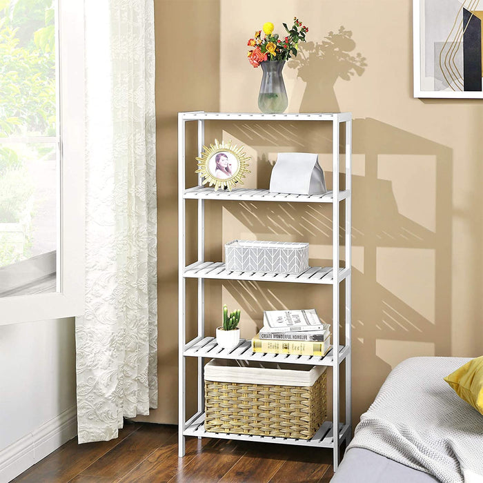 Badregal, Badezimmerregal mit 5 Ebenen, Standregal, aus Bambus, 9-stufig höhenverstellbar, multifunktional, für Wohnzimmer, Flur, Küche