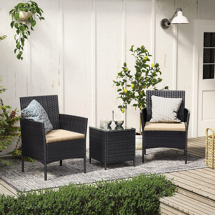 Balkonmöbel, Gartenmöbel-Set, aus PE-Polyrattan, Lounge-Set, Tisch und 2 Stühle, Terrassenmöbel, Outdoor, für Terrasse, Balkon, Garten, schwarz-Taupe