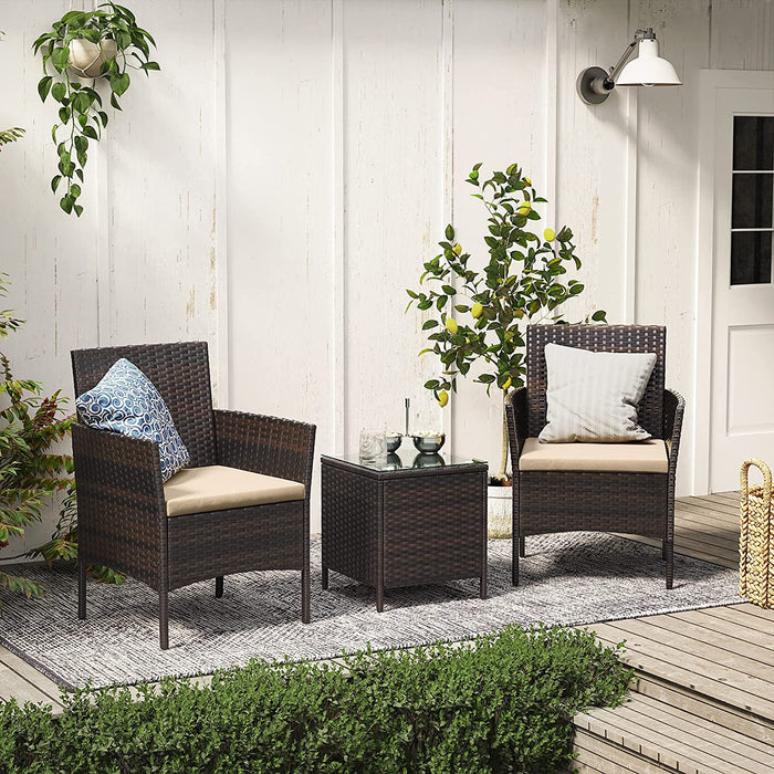 Balkonmöbel, Gartenmöbel-Set, aus PE-Polyrattan, Lounge-Set, Tisch und 2 Stühle, Terrassenmöbel, Outdoor, für Terrasse, Balkon, Garten, braun-Taupe