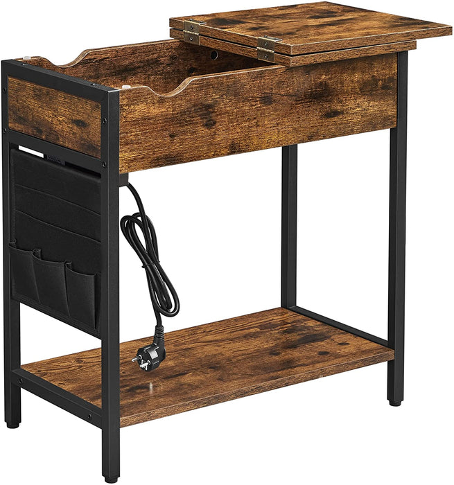 Beistelltisch, Klapptisch, Nachttisch, mit Steckdosen, klappbare Tischplatte, mit Ablage und Stofftasche, für Wohnzimmer, Schlafzimmer, vintagebraun