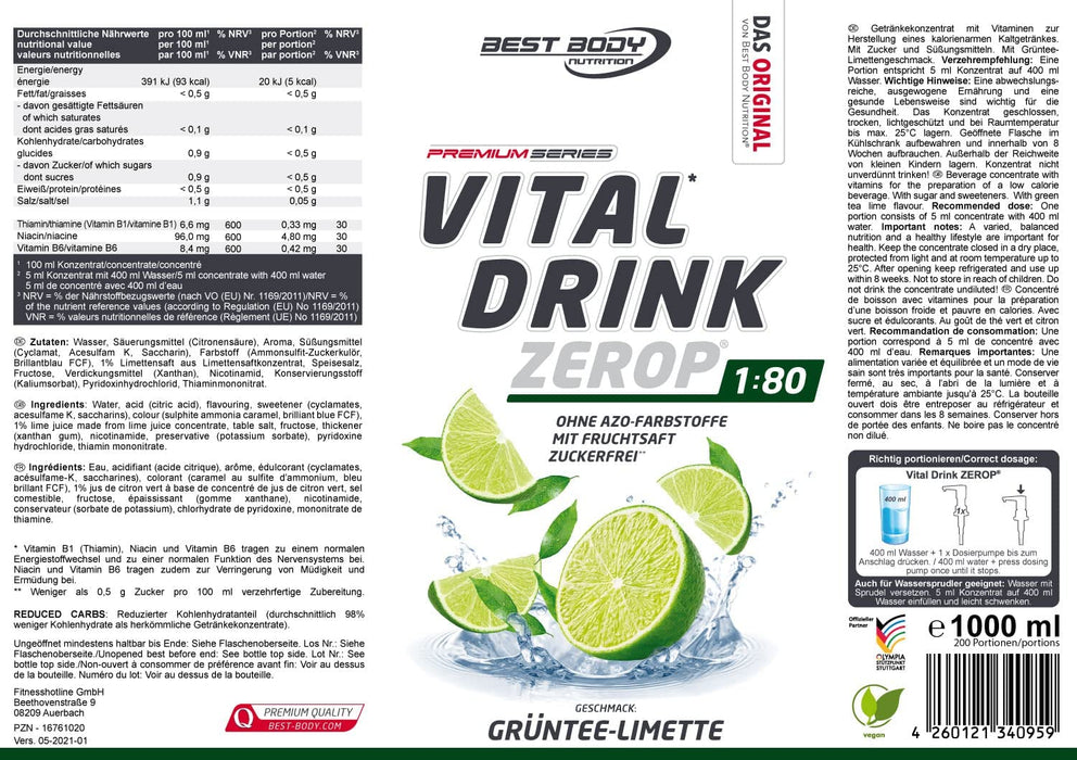 Best Body Nutrition Vital Drink ZEROP - Grüntee-Limette, Original Getränkekonzentrat - Sirup - zuckerfrei, 1:80 ergibt 80 Liter Fertiggetränk,