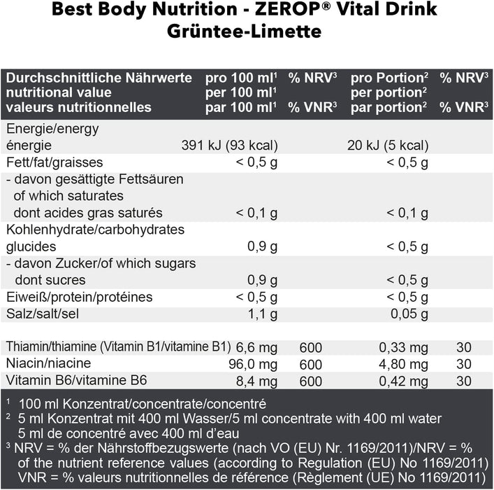 Best Body Nutrition Vital Drink ZEROP - Grüntee-Limette, Original Getränkekonzentrat - Sirup - zuckerfrei, 1:80 ergibt 80 Liter Fertiggetränk,