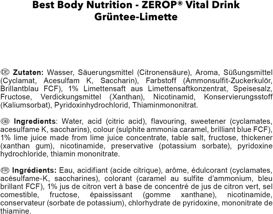 Best Body Nutrition Vital Drink ZEROP - Grüntee-Limette, Original Getränkekonzentrat - Sirup - zuckerfrei, 1:80 ergibt 80 Liter Fertiggetränk,