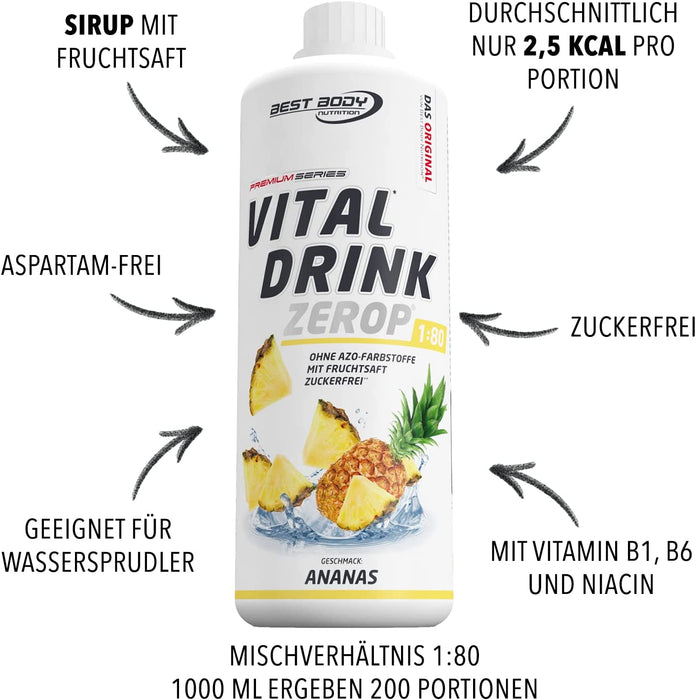 Best Body Nutrition Vital Drink ZEROP® - Ananas, Original Getränkekonzentrat - Sirup - zuckerfrei, 1:80 ergibt 80 Liter Fertiggetränk, 1000 ml