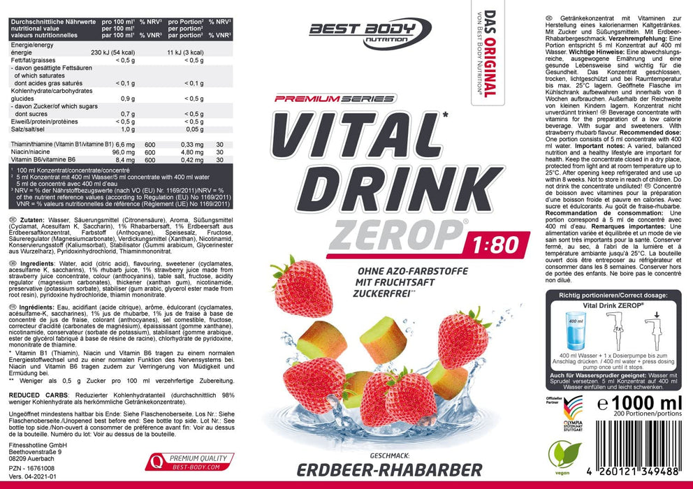 Best Body Nutrition Vital Drink ZEROP® - Erdbeer-Rhabarber, Original Getränkekonzentrat - Sirup - zuckerfrei, 1:80 ergibt 80 Liter Fertiggetränk