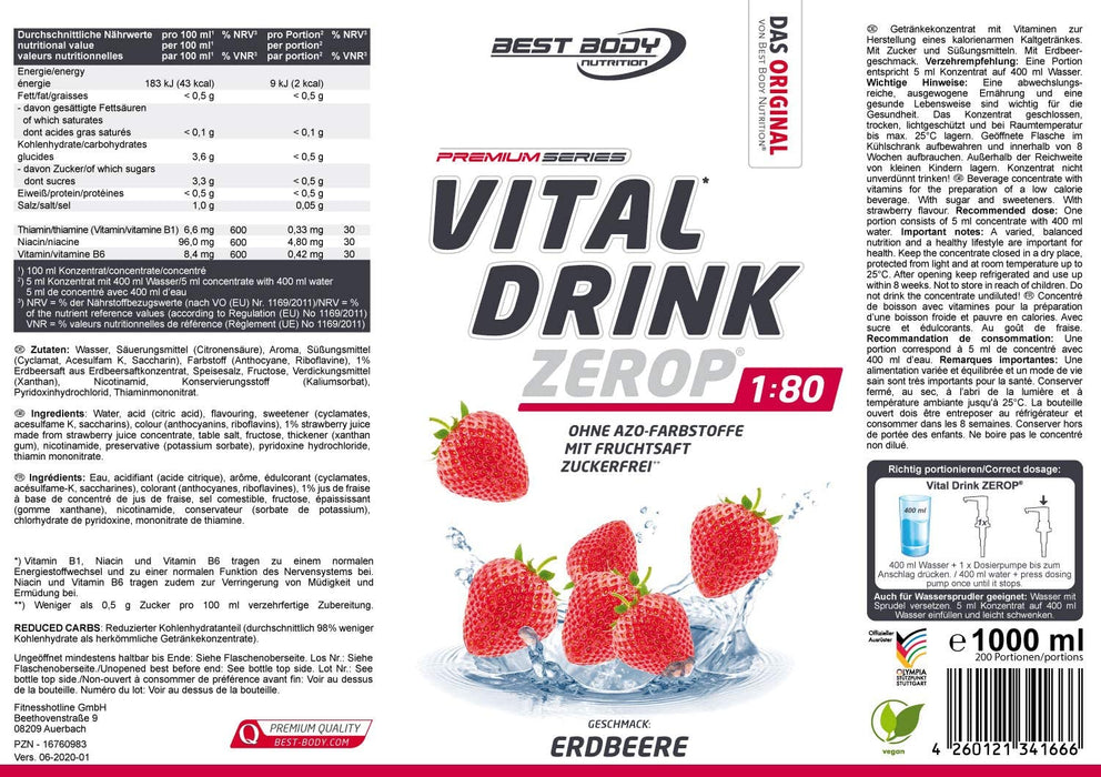 Best Body Nutrition Vital Drink ZEROP® - Erdbeere, Original Getränkekonzentrat - Sirup - zuckerfrei, 1:80 ergibt 80 Liter Fertiggetränk, 1000 ml
