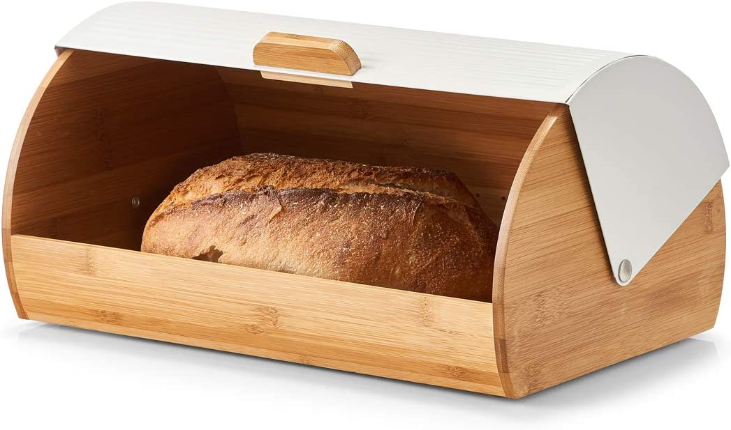 Brotkasten, Bamboo/Metall, weiß, ca. 39 x 27 x 19 cm, Brotaufbewahrung, Trendige weiße Brotbox, lebensmittelecht