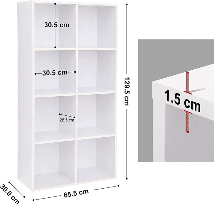 Bücherregal, Bücherschrank, mit 8 Fächern, Standregal, Büroregal, freistehend, als Dekoration, für Büro, Wohnzimmer, Schlafzimmer, Kinderzimmer, weiß