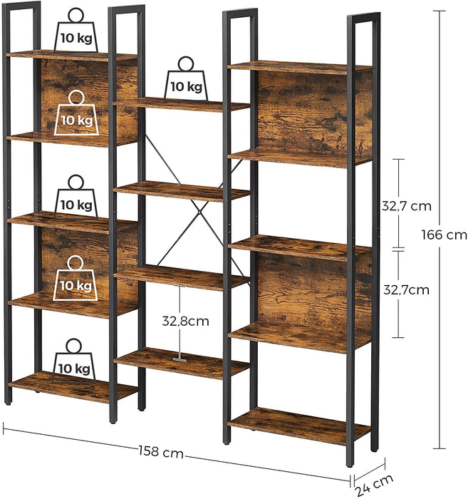 Bücherregal, Leiterregal, 14 Ablagen, Metallgestell, für Wohnzimmer, Arbeitszimmer, Büro, Industrie-Design, 158 x 24 x 166 cm, vintagebraun-schwarz